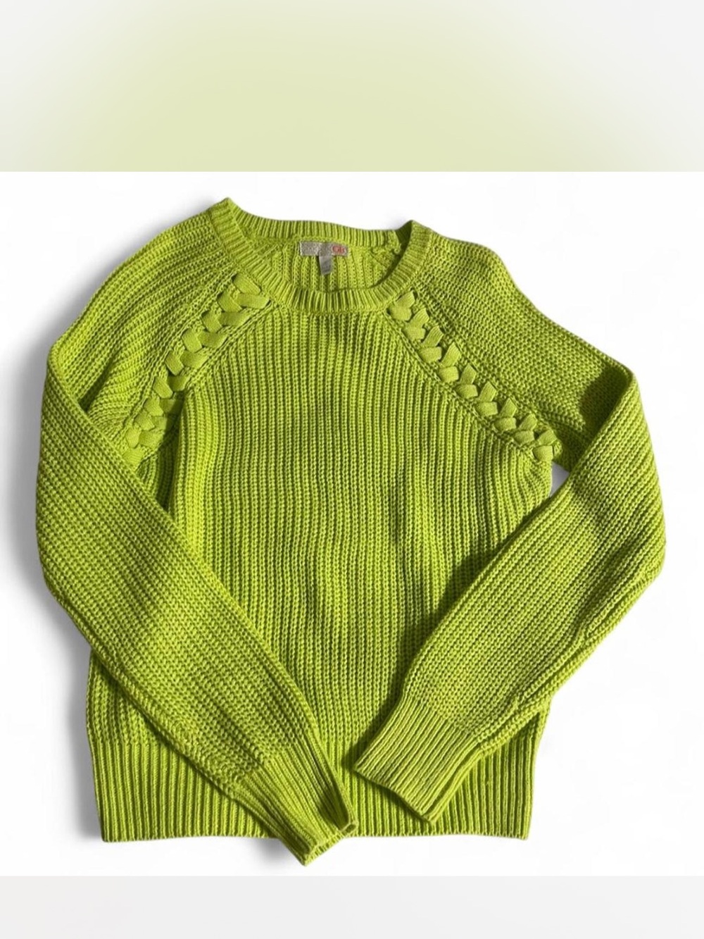 Gianni Bini Lime Green Cable-Accent Crew Neck Sweater Size Small Cozy Comfy